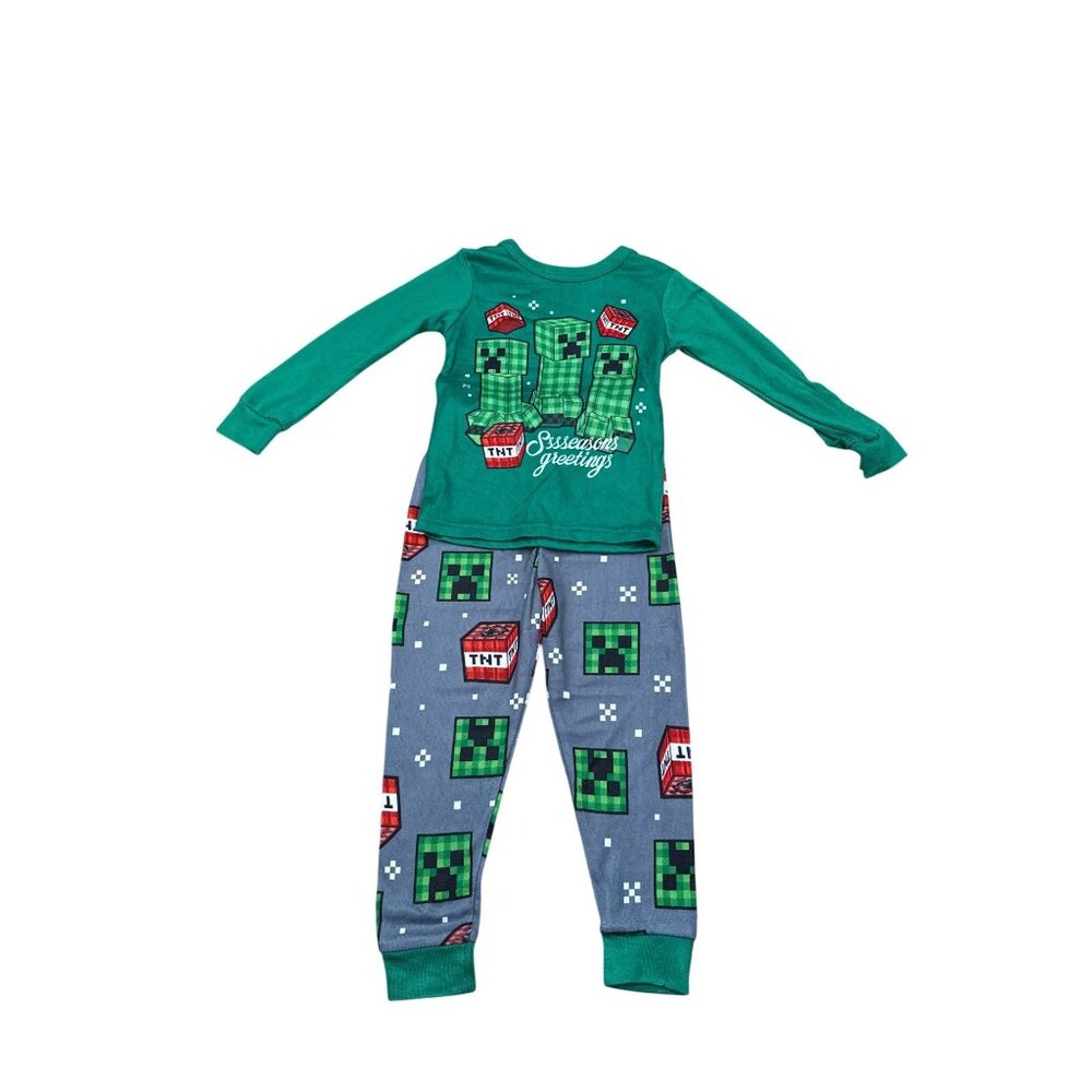 Minecraft Boys Creeper Holiday 2-Piece Pajama Set Size 4 Green & Gray Polyester